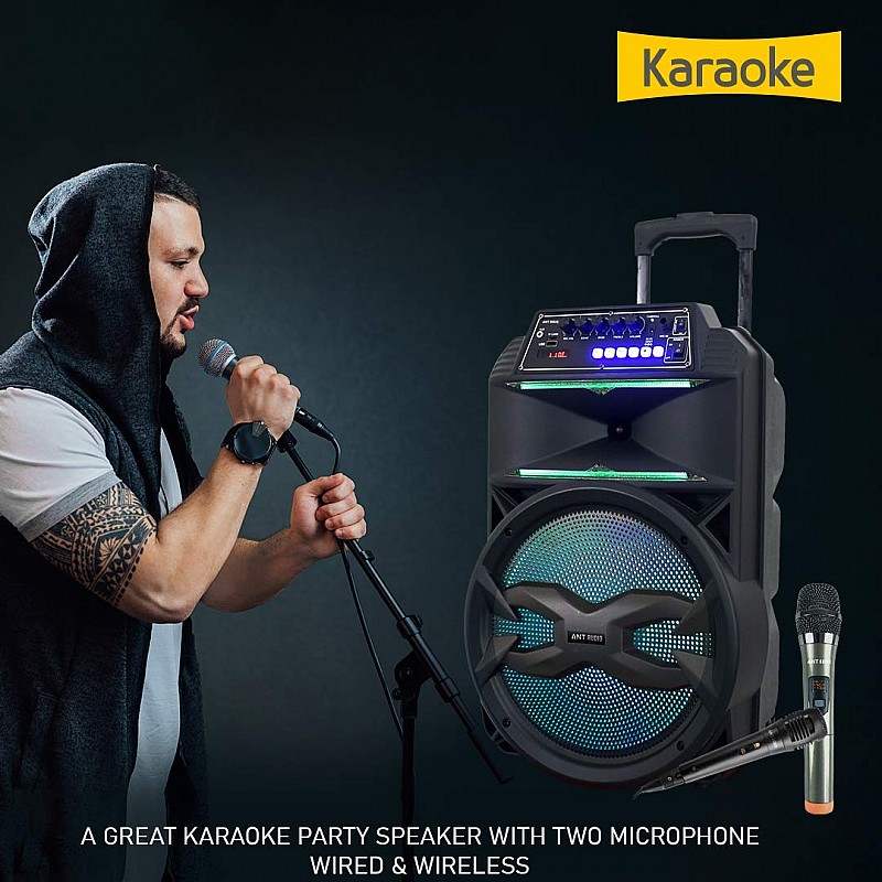 Ant Audio Rock 1000 Trolley Party Speaker with Karaoke with FM Radio, Micro SD Card, USB, Wired & Wireless Mic Subwoofer