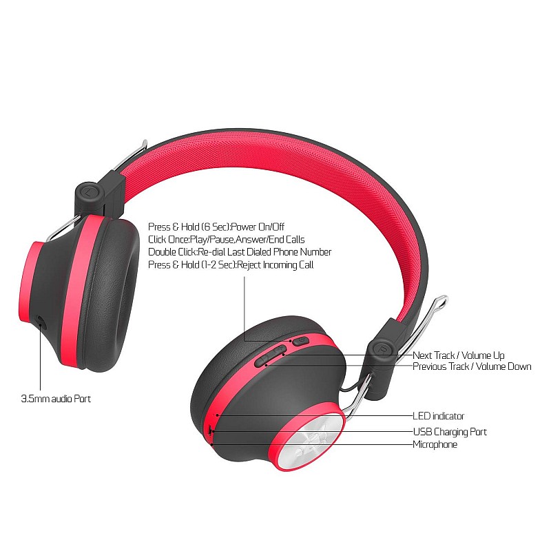 Ant Audio Treble H82 On Ear Bluetooth Headphone with Mic (Black Red)