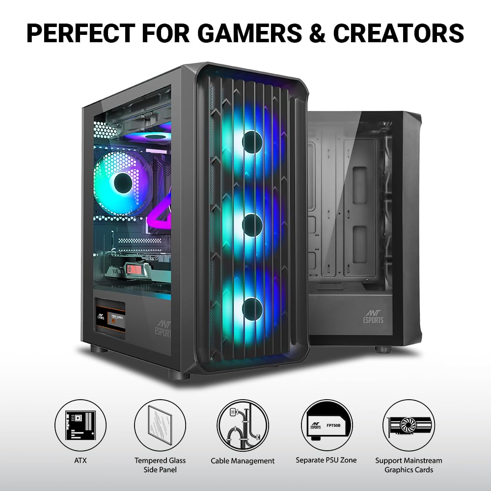Ant Esports 205 Air Mid-Tower Computer Case/Gaming Cabinet - Black | Tempered Glass Side Panel and USB 3.0 | Support ATX, Micro-ATX, Mini-ITX | Pre-Installed 4 x 120mm ARGB Fans