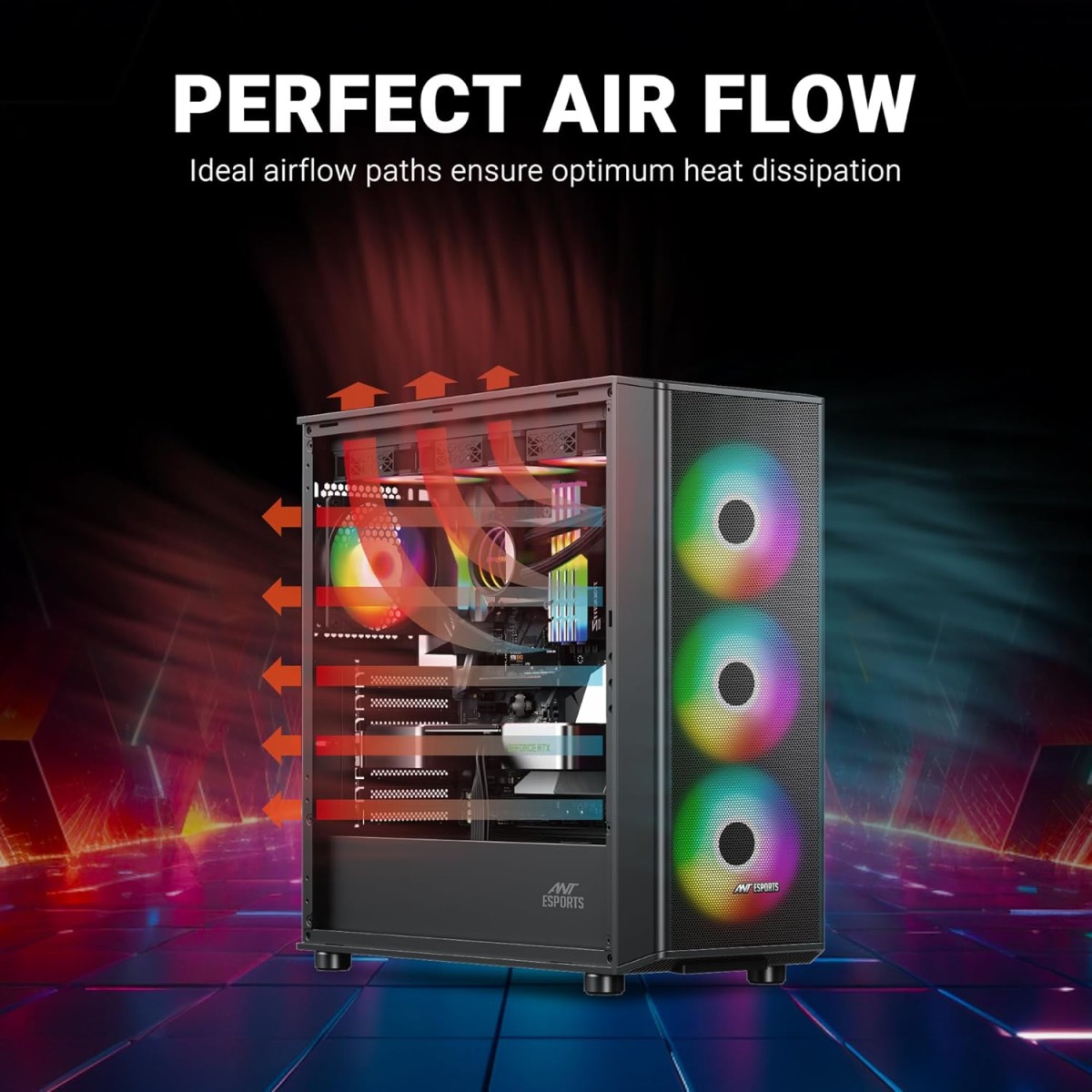 Ant Esports 411 Air Mid-Tower Gaming Case - Black | Supports E-ATX, M-ATX, ITX | Pre-Installed 3 x 120mm ARGB Front Fans & 1 x 120mm ARGB Rear Fan