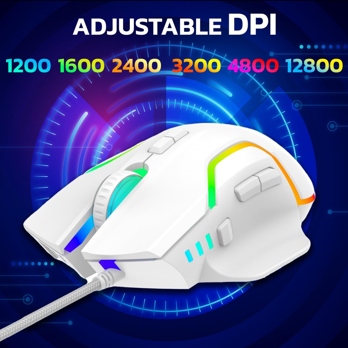 Ant Esports GM320 RGB Optical Wired Gaming Mouse | 8 Programmable Buttons | 12800 DPI I Ergonomic Design with Braided Cable - White