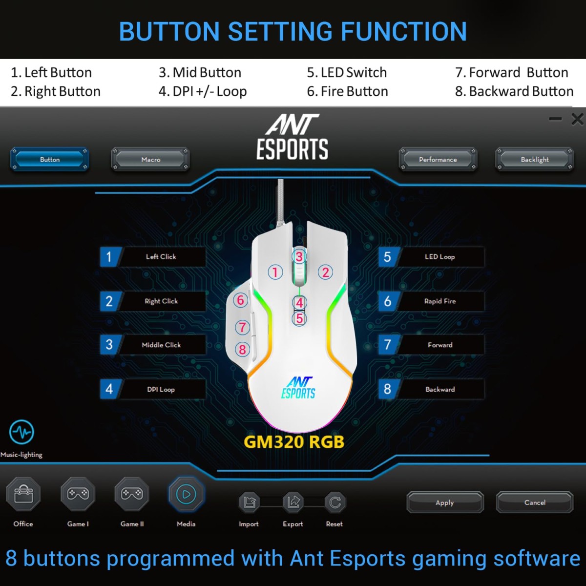 Ant Esports GM320 RGB Optical Wired Gaming Mouse | 8 Programmable Buttons | 12800 DPI I Ergonomic Design with Braided Cable - White