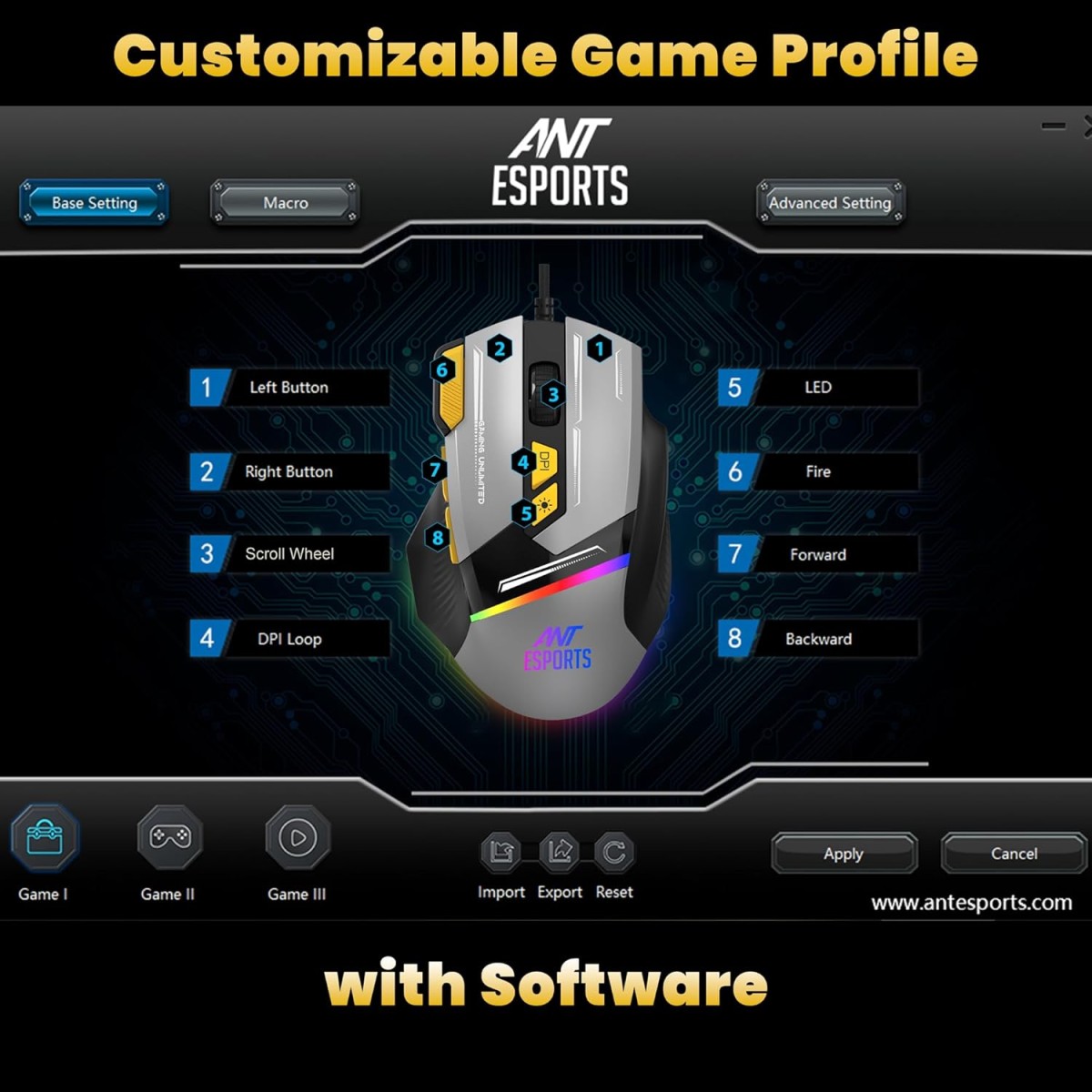 Ant Esports GM333 RGB Wired High End Optical Ergonomic Gaming Mouse With 12800 DPI 1.5M Braided Cable Comes with latest Inbuilt Software