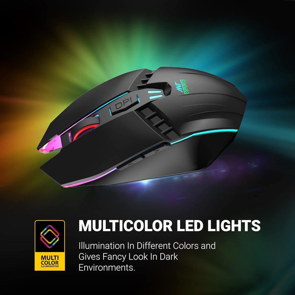 Ant Esports GM50 USB Optical Gaming Wired Mouse I 3600 DPI I Multicolour LED Lights I Ergonomic Design I Braided Cable - Black