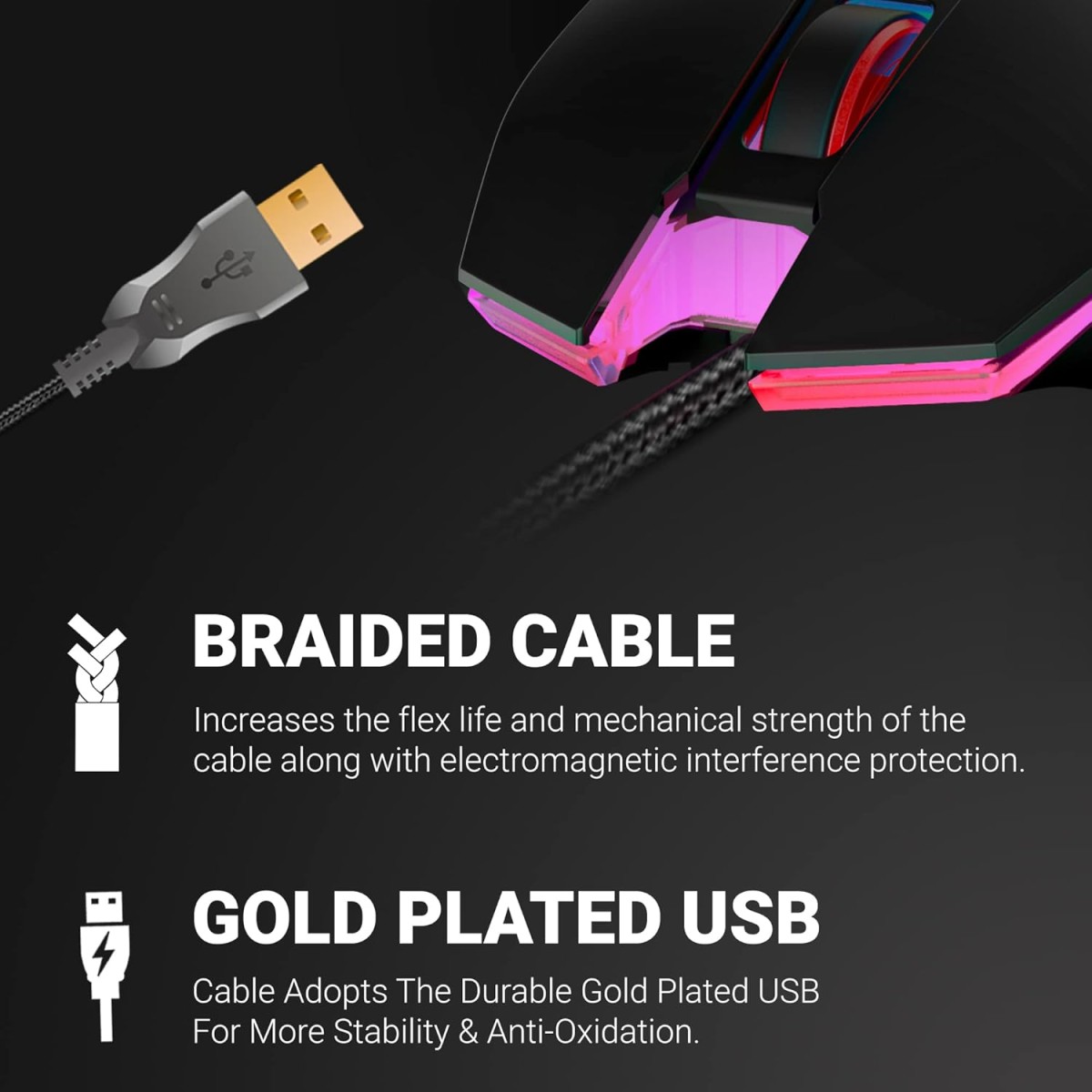Ant Esports GM50 USB Optical Gaming Wired Mouse I 3600 DPI I Multicolour LED Lights I Ergonomic Design I Braided Cable - Black