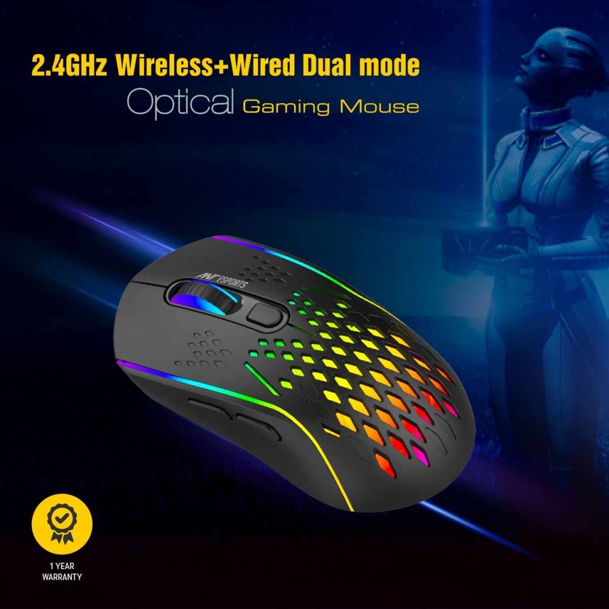 Ant Esports GM700 Lightweight Wireless RGB Gaming Mouse, Rechargeable Mouse with Honeycomb Shell, 11 Led Light Modes, 4 Adjustable DPI, 2.4GHz Wireless RGB Mouse for Laptop PC Mac
