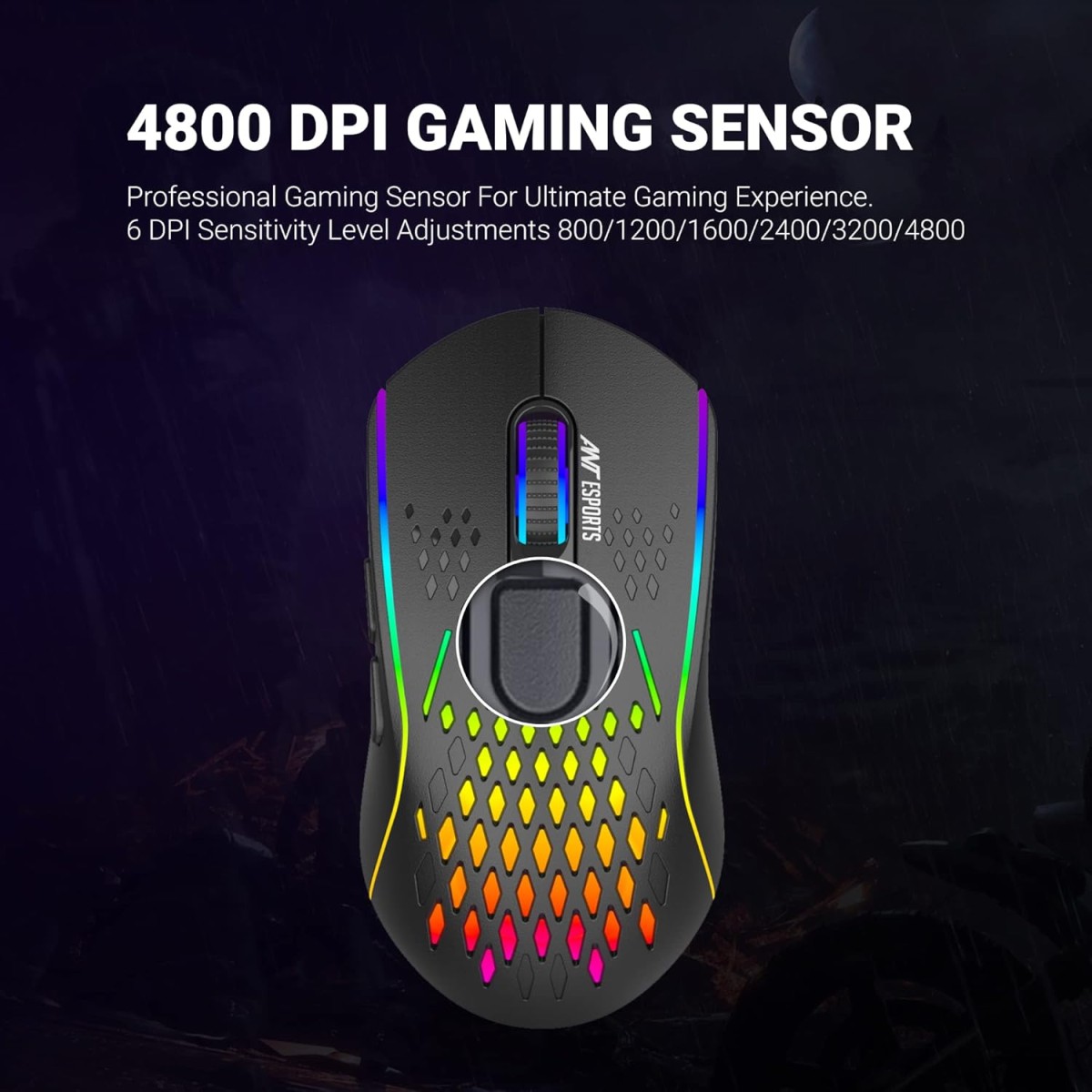 Ant Esports GM700 Lightweight Wireless RGB Gaming Mouse, Rechargeable Mouse with Honeycomb Shell, 11 Led Light Modes, 4 Adjustable DPI, 2.4GHz Wireless RGB Mouse for Laptop PC Mac