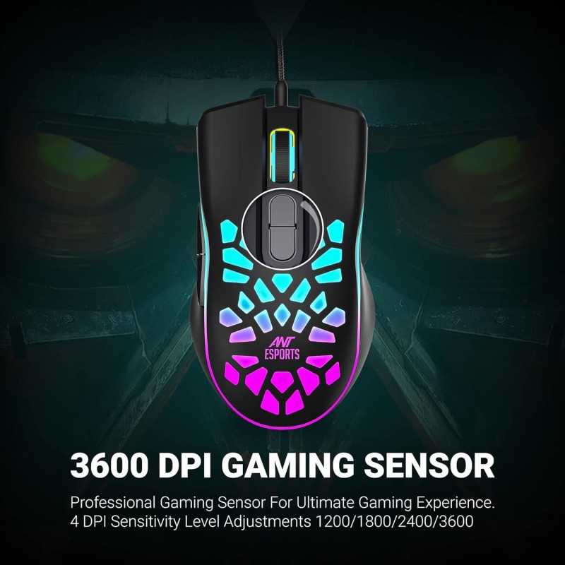 Ant Esports GM80 USB RGB Wired 6 Programmable Buttons, 3200 DPI Adjustable, Optical Gamer Gaming Mice Gaming Mouse with Multicolour LED Lights - Black