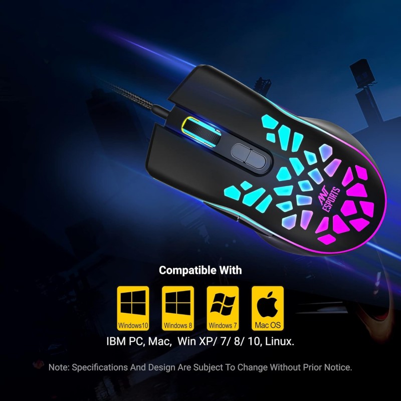 Ant Esports GM80 USB RGB Wired 6 Programmable Buttons, 3200 DPI Adjustable, Optical Gamer Gaming Mice Gaming Mouse with Multicolour LED Lights - Black