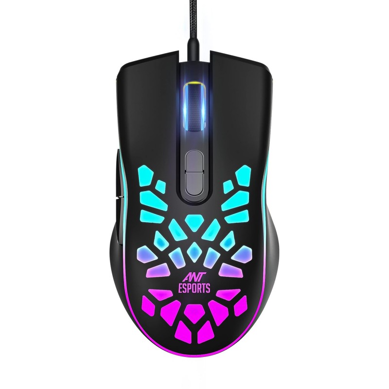 Ant Esports GM80 USB RGB Wired 6 Programmable Buttons, 3200 DPI Adjustable, Optical Gamer Gaming Mice Gaming Mouse with Multicolour LED Lights - Black