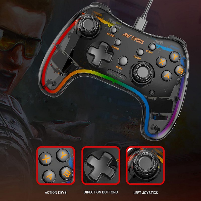 Ant Esports GP110R Wired Game-Pad with Neon RGB, Support PS3, N-Switch Gaming Console, PC, Android tv Set, Android Media Box, D-Input & X-Input Mode for Windows System