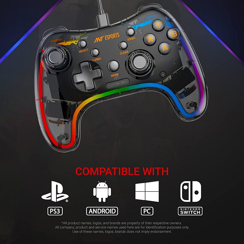 Ant Esports GP110R Wired Game-Pad with Neon RGB, Support PS3, N-Switch Gaming Console, PC, Android tv Set, Android Media Box, D-Input & X-Input Mode for Windows System