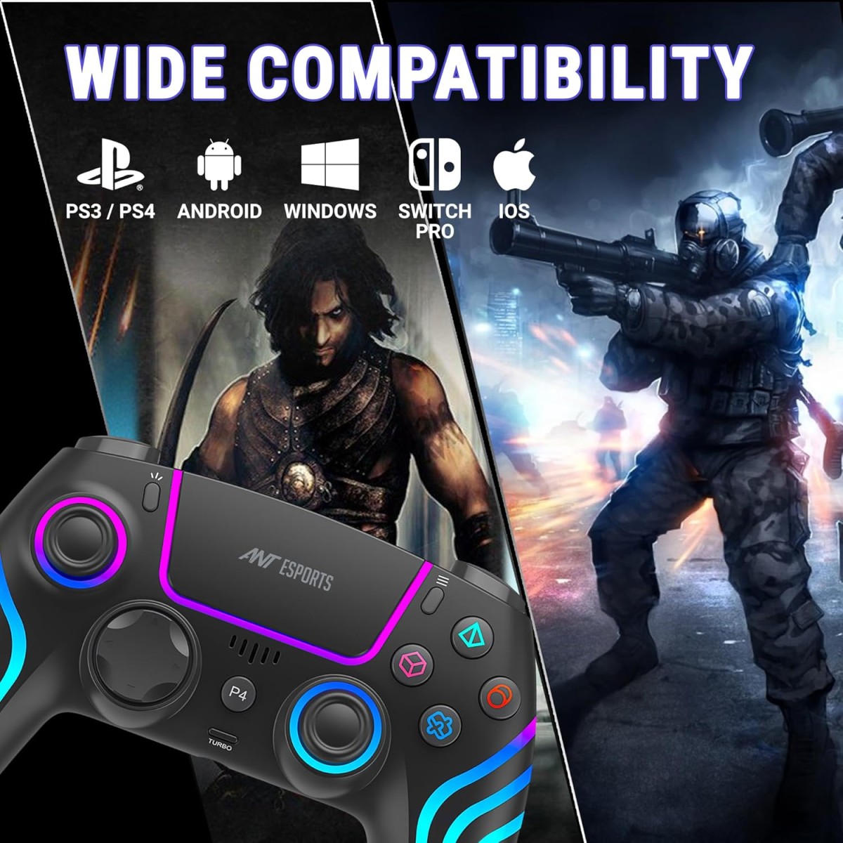 Ant Esports GP400 RGB Wireless Gamepad | Hall Effect Triggers & Joystick | Double Shock, Six-Axis Sensor, Turbo Function | 1000mAh Battery, 12H Playtime | PC/PS4/PS3/Switch/Android/iOS – Black