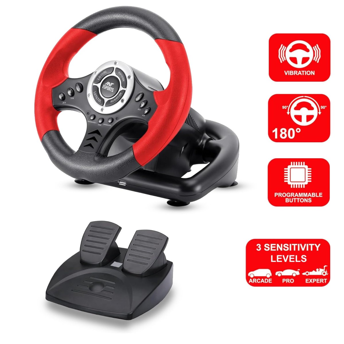 Ant Esports GW170 Competition Racing Steering Wheel with Universal USB Port and with Pedal, Suitable for PC, PS3, PS4, Xbox One, Xbox Series S&X, Nintendo Switch and Android TV – Red Black