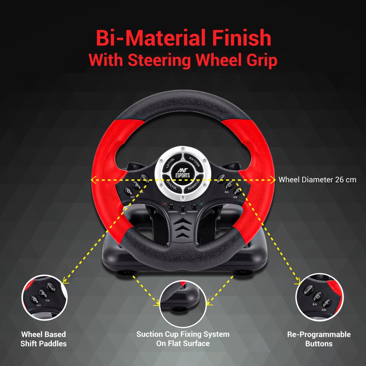 Ant Esports GW170 Competition Racing Steering Wheel with Universal USB Port and with Pedal, Suitable for PC, PS3, PS4, Xbox One, Xbox Series S&X, Nintendo Switch and Android TV – Red Black