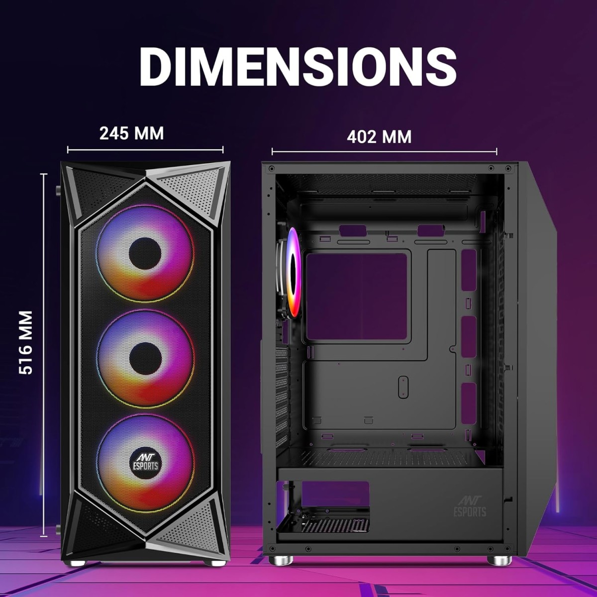 Ant Esports ICE-100 Mid-Tower Computer Case/Gaming Cabinet - Black | Supports ATX, Micro-ATX, Mini-ITX | Pre-Installed 2 x 140mm Front Fans and 1 x 140 mm Rear Fan
