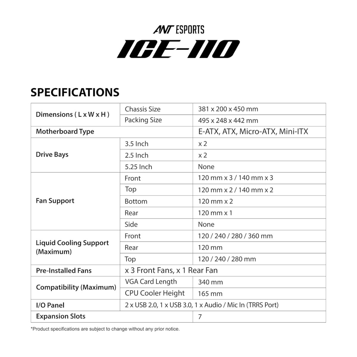 Ant Esports ICE-100 Mid-Tower Computer Case/Gaming Cabinet - Black | Supports ATX, Micro-ATX, Mini-ITX | Pre-Installed 2 x 140mm Front Fans and 1 x 140 mm Rear Fan