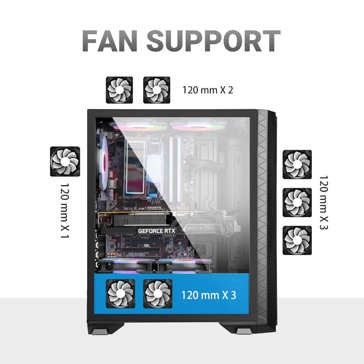Ant Esports ICE-100 Mid-Tower Computer Case/Gaming Cabinet - Black | Supports ATX, Micro-ATX, Mini-ITX | Pre-Installed 2 x 140mm Front Fans and 1 x 140 mm Rear Fan
