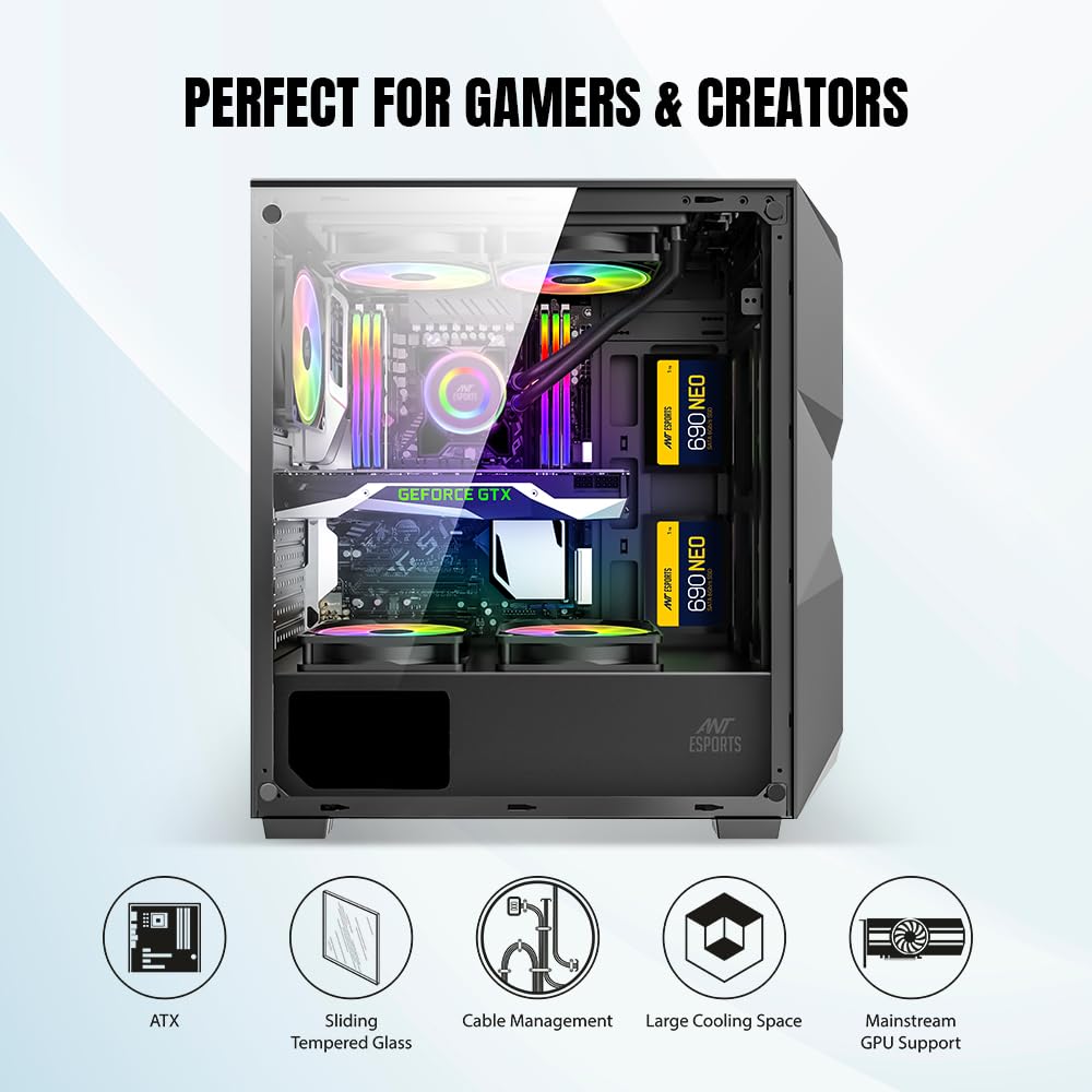 Ant Esports ICE-100 Mid-Tower Computer Case/Gaming Cabinet - Black | Supports ATX, Micro-ATX, Mini-ITX | Pre-Installed 2 x 140mm Front Fans and 1 x 140 mm Rear Fan