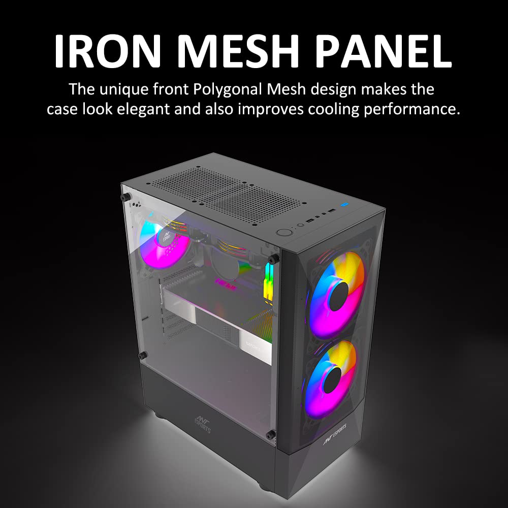 Ant Esports ICE-100 Mid-Tower Computer Case/Gaming Cabinet - Black | Supports ATX, Micro-ATX, Mini-ITX | Pre-Installed 2 x 140mm Front Fans and 1 x 140 mm Rear Fan