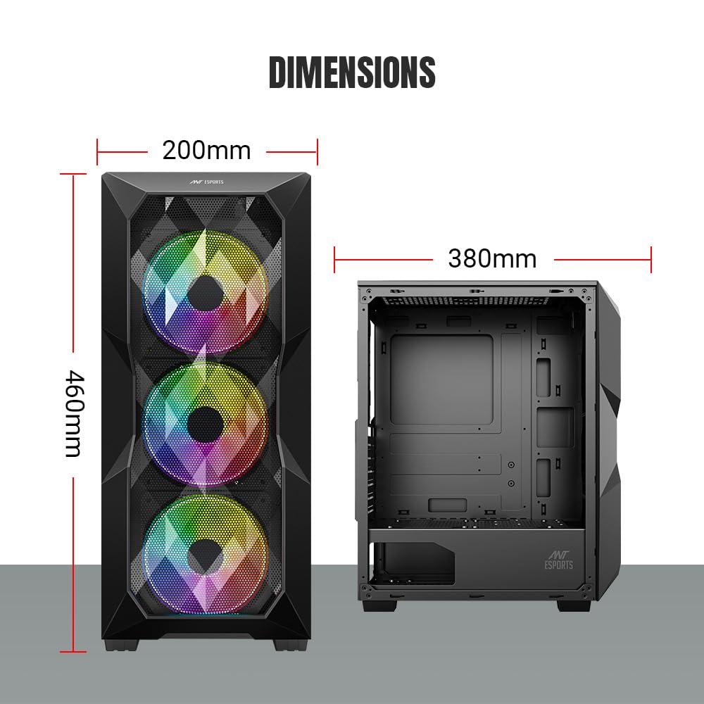 Ant Esports ICE-100 Mid-Tower Computer Case/Gaming Cabinet - Black | Supports ATX, Micro-ATX, Mini-ITX | Pre-Installed 2 x 140mm Front Fans and 1 x 140 mm Rear Fan