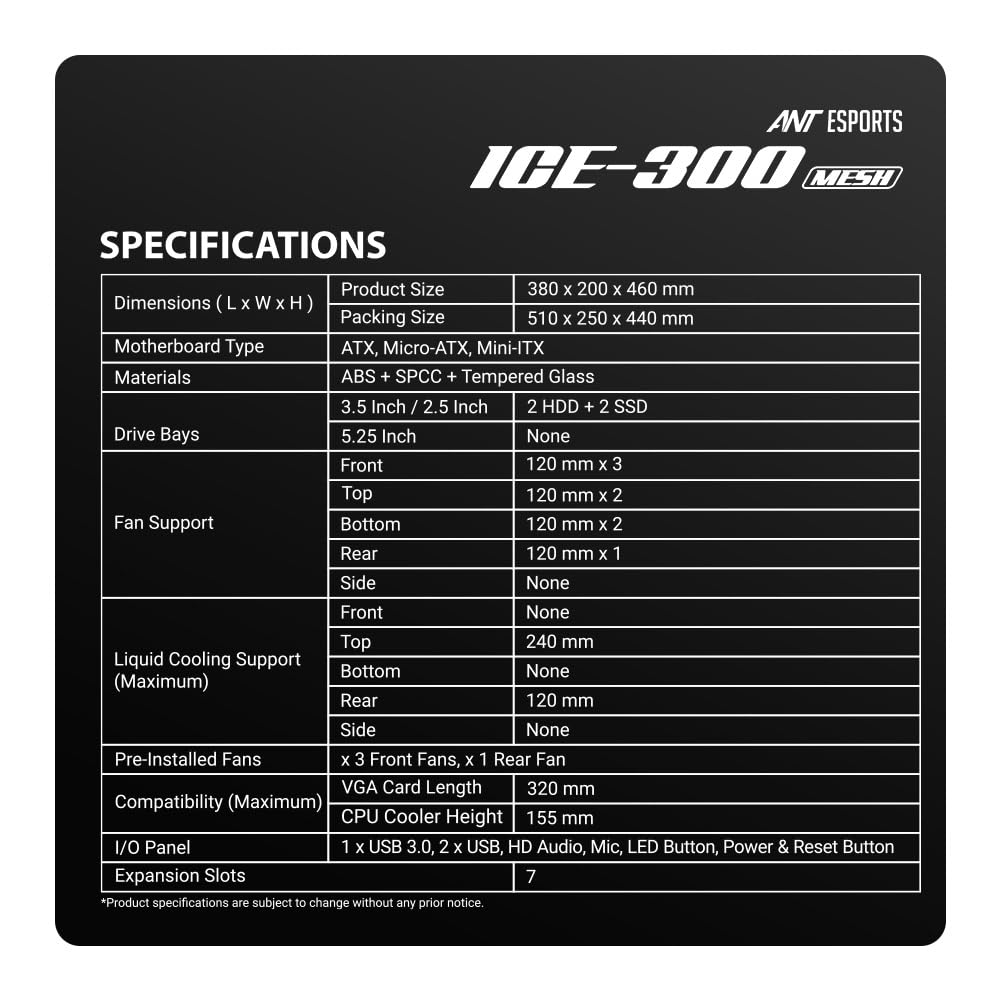 Ant Esports ICE-100 Mid-Tower Computer Case/Gaming Cabinet - Black | Supports ATX, Micro-ATX, Mini-ITX | Pre-Installed 2 x 140mm Front Fans and 1 x 140 mm Rear Fan