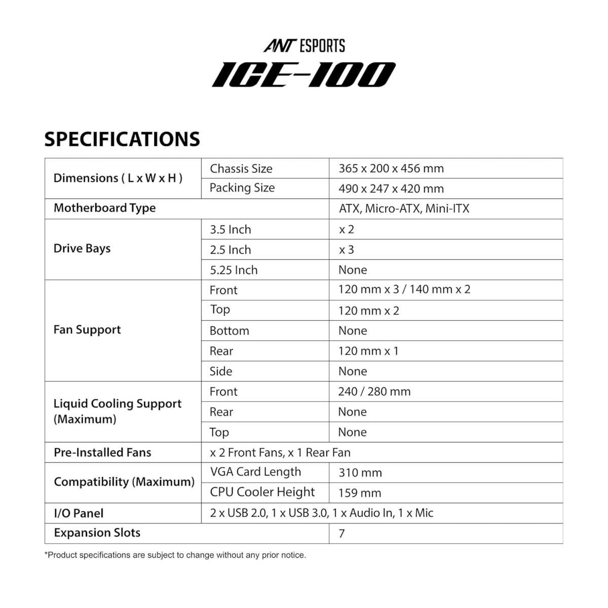 Ant Esports ICE-100 Mid-Tower Computer Case/Gaming Cabinet - Black | Supports ATX, Micro-ATX, Mini-ITX | Pre-Installed 2 x 140mm Front Fans and 1 x 140 mm Rear Fan