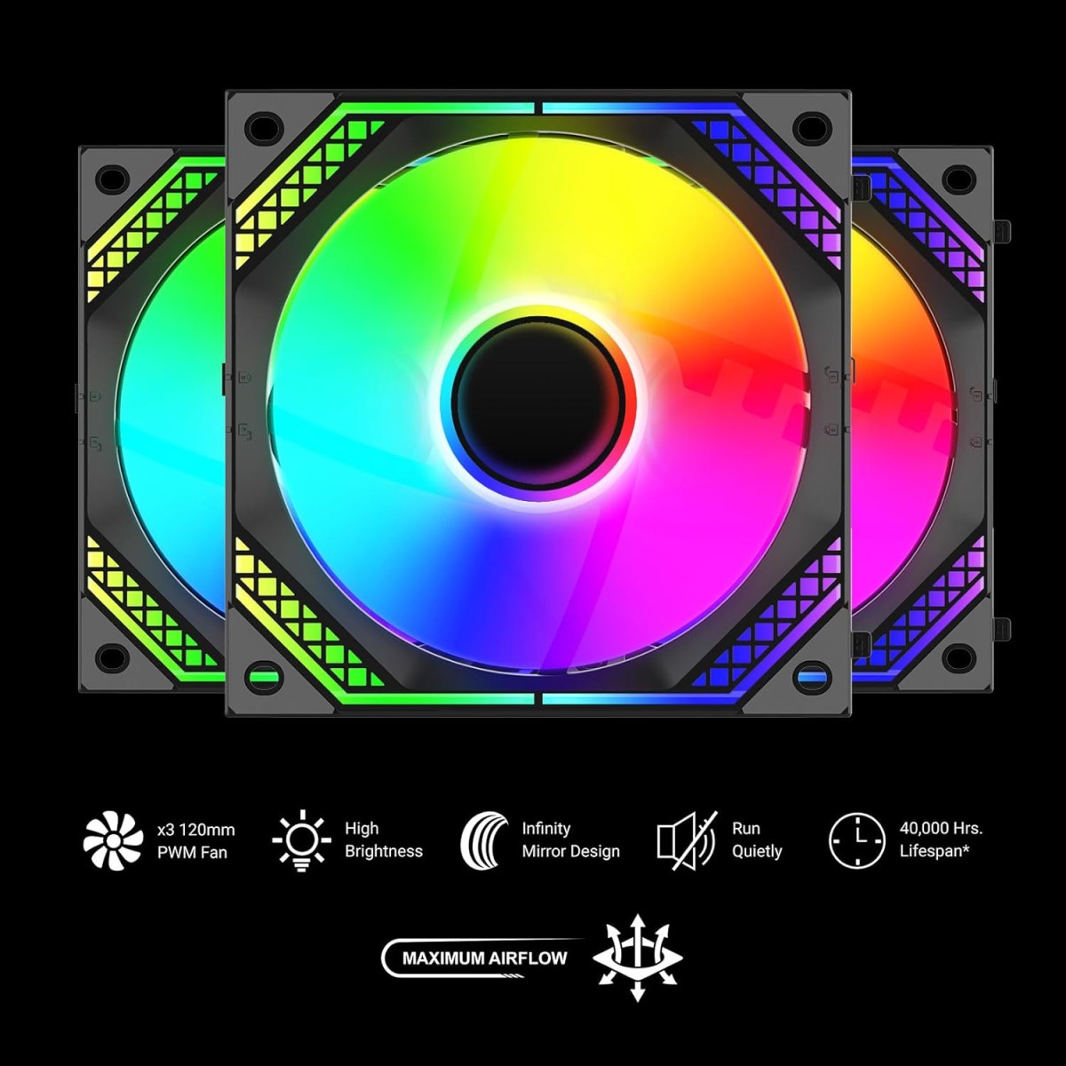 Ant Esports Infinity Flow 3 in 1 120mm ARGB Case Fan Kit with ARGB Infinity Mirror Design and Daisychainable Connections, 2000 RPM, 58.23 CFM Airflow - Black