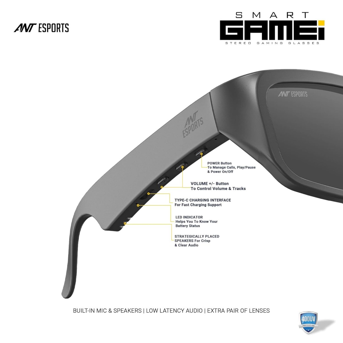 Ant Esports Infinity Smart Bluetooth Glasses, Voice Control, Open-Ear Style, Music & Calls, Volume Control