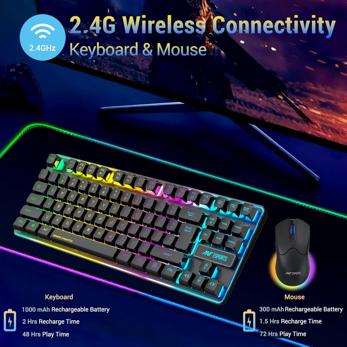 Ant Esports KM730 Pro Gaming Wireless TKL Keyboard Mouse Combo Rechargeable RGB Backlit Tenkeyless Compact 87 Keys 6 Button for Computer Laptop PS4 PS5 - XP/7/8/10 iMac MacBook Xbox one X – Black Ant Esports KM730 Pro Gaming Wireless TKL Keyboard Mouse Combo Rechargeable RGB Backlit Tenkeyless Compact 87 Keys 6 Button for Computer Laptop PS4 PS5 - XP/7/8/10 iMac MacBook Xbox one X – Black