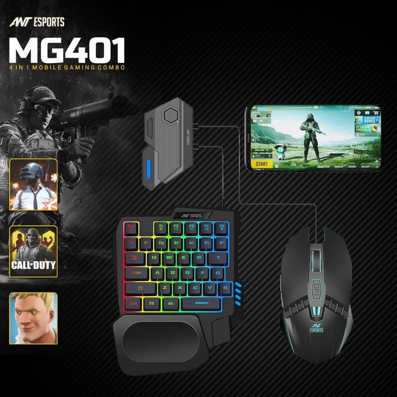 Ant Esports MG401, 4 in 1 Mobile Game Combo Pack with RGB Backlit 35 Keys Mini Gaming Keyboard and Mouse, Phone Holder, Adapter with Mobile Game Converter for PubG, COD & Many FPS Games Andriod/iOS Ant Esports MG401, 4 in 1 Mobile Game Combo Pack with RGB Backlit 35 Keys Mini Gaming Keyboard and Mouse, Phone Holder, Adapter with Mobile Game Converter for PubG, COD & Many FPS Games Andriod/iOS
