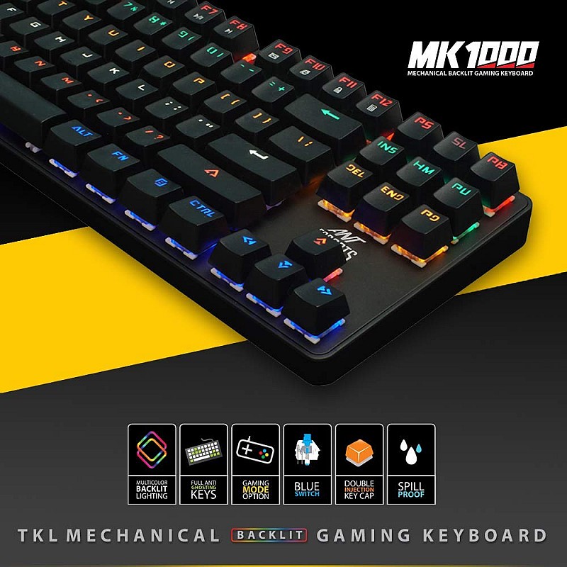 Ant Esports MK1000 Multicolour LED Backlit Wired TKL Mechanical Gaming Keyboard with Blue Switches