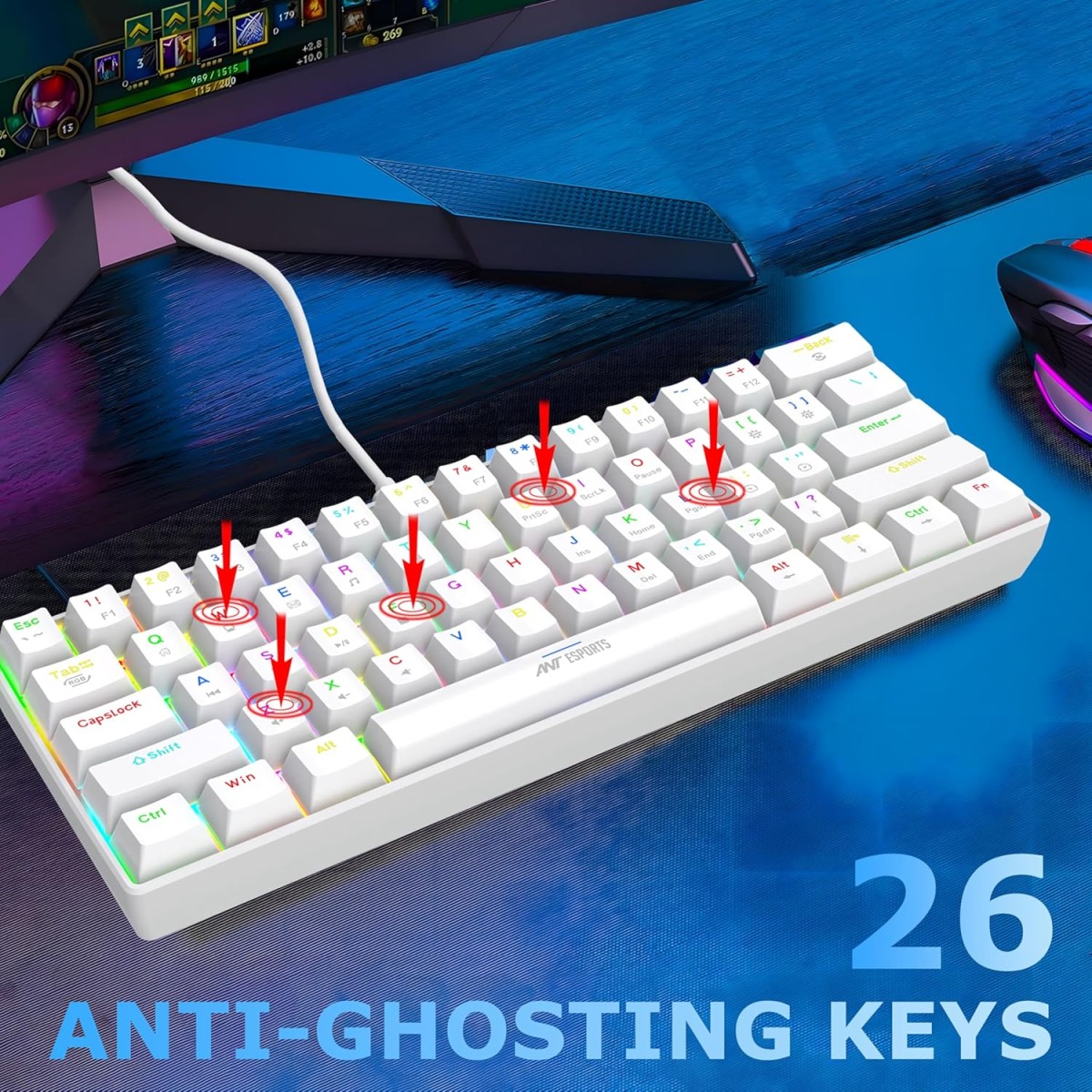 Ant Esports MK1300 V2 Portable 60 Percent Mechanical Keyboard, Compact 61 Keys Mini Gaming Keyboard for PC/Mac Gamer Switchable Colorful RGB Backlit with Software, Swappable Red Switch - White Ant Esports MK1300 V2 Portable 60 Percent Mechanical Keyboard, Compact 61 Keys Mini Gaming Keyboard for PC/Mac Gamer Switchable Colorful RGB Backlit with Software, Swappable Red Switch - White