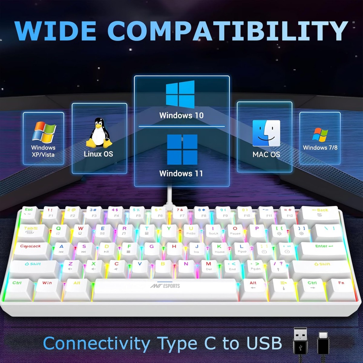 Ant Esports MK1300 V2 Portable 60 Percent Mechanical Keyboard, Compact 61 Keys Mini Gaming Keyboard for PC/Mac Gamer Switchable Colorful RGB Backlit with Software, Swappable Red Switch - White Ant Esports MK1300 V2 Portable 60 Percent Mechanical Keyboard, Compact 61 Keys Mini Gaming Keyboard for PC/Mac Gamer Switchable Colorful RGB Backlit with Software, Swappable Red Switch - White