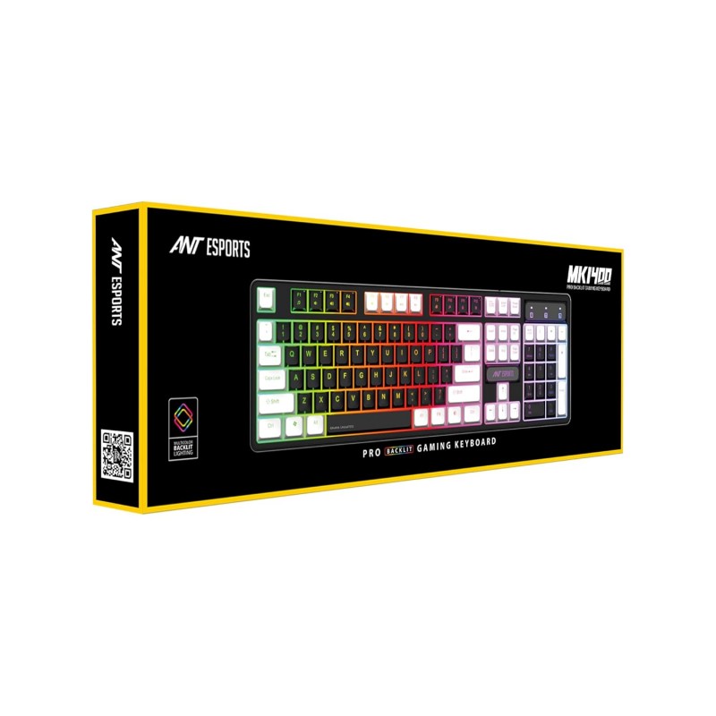 Ant Esports MK1400 Pro Backlit Membrane Wired Gaming Keyboard with Mixed Colour Lighting, White & Black Keycaps, Double Injection Key Caps - Black Ant Esports MK1400 Pro Backlit Membrane Wired Gaming Keyboard with Mixed Colour Lighting, White & Black Keycaps, Double Injection Key Caps - Black