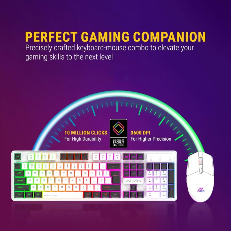 Ant Esports MK1400 Pro Backlit Membrane Wired Gaming Keyboard with Mixed Colour Lighting, White & Black Keycaps, Double Injection Key Caps - Black Ant Esports MK1400 Pro Backlit Membrane Wired Gaming Keyboard with Mixed Colour Lighting, White & Black Keycaps, Double Injection Key Caps - Black