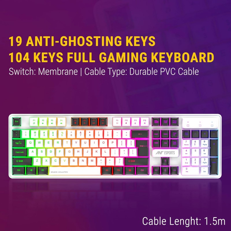 Ant Esports MK1400 Pro Backlit Membrane Wired Gaming Keyboard with Mixed Colour Lighting, White & Black Keycaps, Double Injection Key Caps - Black Ant Esports MK1400 Pro Backlit Membrane Wired Gaming Keyboard with Mixed Colour Lighting, White & Black Keycaps, Double Injection Key Caps - Black