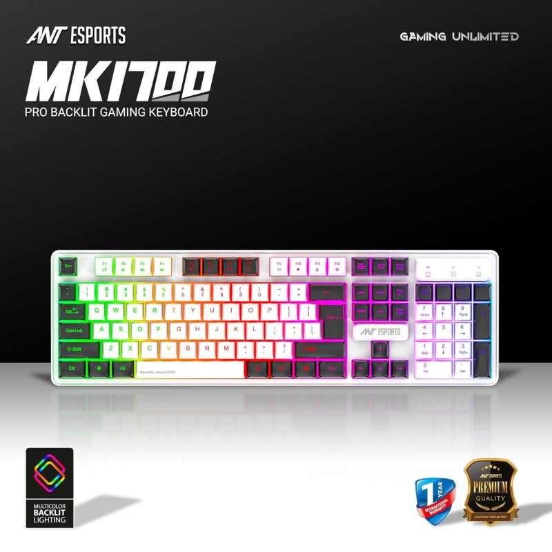 Ant Esports MK1400 Pro Backlit Membrane Wired Gaming Keyboard with Mixed Colour Lighting, White & Black Keycaps, Double Injection Key Caps - Black Ant Esports MK1400 Pro Backlit Membrane Wired Gaming Keyboard with Mixed Colour Lighting, White & Black Keycaps, Double Injection Key Caps - Black