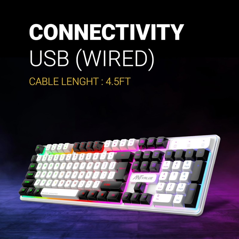 Ant Esports MK1400 Pro Backlit Membrane Wired Gaming Keyboard with Mixed Colour Lighting, White & Black Keycaps, Double Injection Key Caps - Black Ant Esports MK1400 Pro Backlit Membrane Wired Gaming Keyboard with Mixed Colour Lighting, White & Black Keycaps, Double Injection Key Caps - Black
