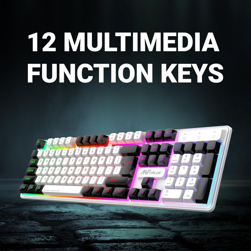 Ant Esports MK1400 Pro Backlit Membrane Wired Gaming Keyboard with Mixed Colour Lighting, White & Black Keycaps, Double Injection Key Caps - Black Ant Esports MK1400 Pro Backlit Membrane Wired Gaming Keyboard with Mixed Colour Lighting, White & Black Keycaps, Double Injection Key Caps - Black
