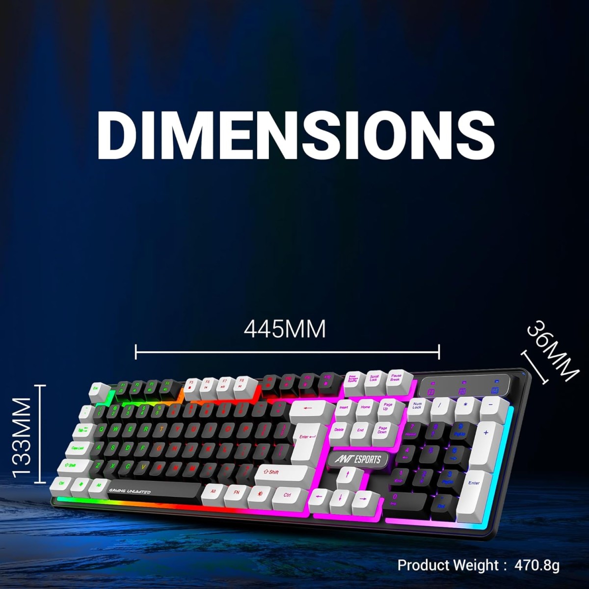 Ant Esports MK1450 Pro Backlit Membrane Wired Gaming Keyboard with Mixed Colour Lighting, White & Black Keycaps, Double Injection Key Caps - Black Ant Esports MK1450 Pro Backlit Membrane Wired Gaming Keyboard with Mixed Colour Lighting, White & Black Keycaps, Double Injection Key Caps - Black
