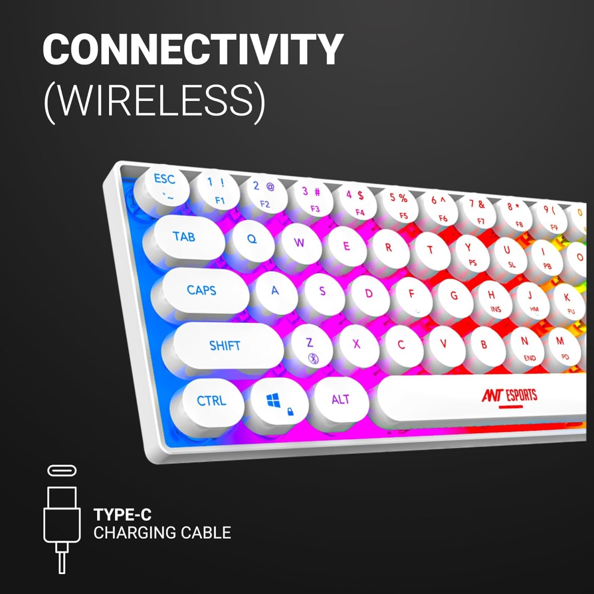 Ant Esports MK1500 Retro Style Mini 60% Pro RGB Wireless Gaming Keyboard with Membrane Switches for PC/Mobile/Tablets/Laptop/TV's- White. Ant Esports MK1500 Retro Style Mini 60% Pro RGB Wireless Gaming Keyboard with Membrane Switches for PC/Mobile/Tablets/Laptop/TV's- White.