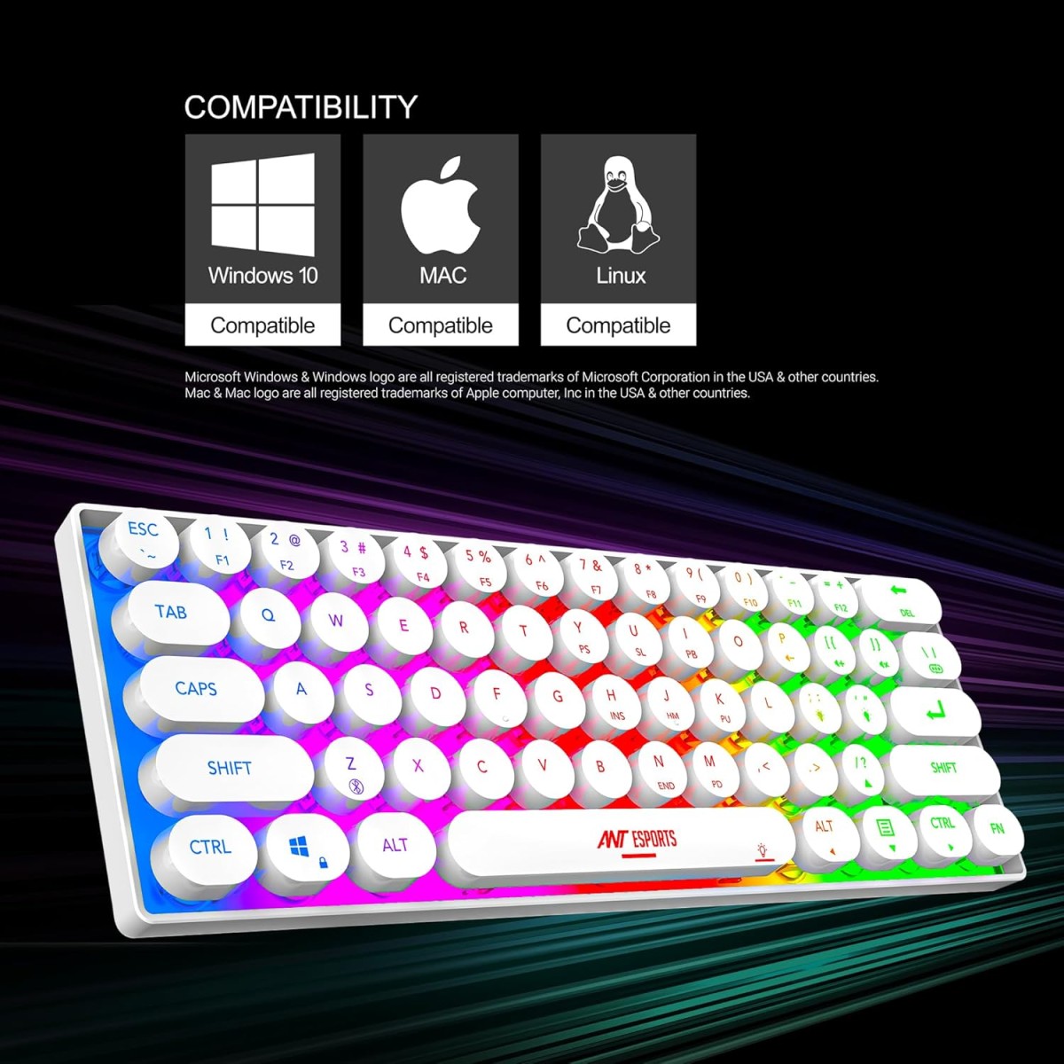Ant Esports MK1500 Retro Style Mini 60% Pro RGB Wireless Gaming Keyboard with Membrane Switches for PC/Mobile/Tablets/Laptop/TV's- White. Ant Esports MK1500 Retro Style Mini 60% Pro RGB Wireless Gaming Keyboard with Membrane Switches for PC/Mobile/Tablets/Laptop/TV's- White.