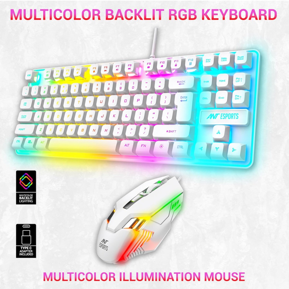 Ant Esports MK710 V2 Membrane TKL Wired Gaming Keyboard Mouse Combo 87 UV Coated Mechanical feel Keys Cool RGB Backlight Keyboard,1200-3600 DPI Aero-Jet RGB Gaming Mouse with Type C Adapter_ Mercury Ant Esports MK710 V2 Membrane TKL Wired Gaming Keyboard Mouse Combo 87 UV Coated Mechanical feel Keys Cool RGB Backlight Keyboard,1200-3600 DPI Aero-Jet RGB Gaming Mouse with Type C Adapter_ Mercury