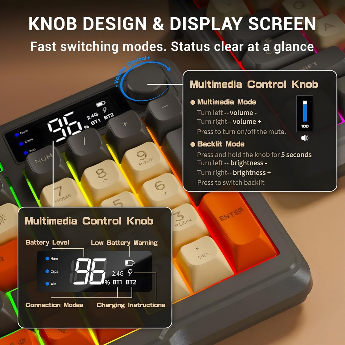 Ant Esports MK801 V2 Pro Wireless Mecha Membrane Backlit Gaming Keyboard 94 Keys 2.4G/Bluetooth Mode Compact Numeric Pad RGB Keyboard for Home Internet Cafe Game Room Office_ Grey, Beige, Orange Ant Esports MK801 V2 Pro Wireless Mecha Membrane Backlit Gaming Keyboard 94 Keys 2.4G/Bluetooth Mode Compact Numeric Pad RGB Keyboard for Home Internet Cafe Game Room Office_ Grey, Beige, Orange