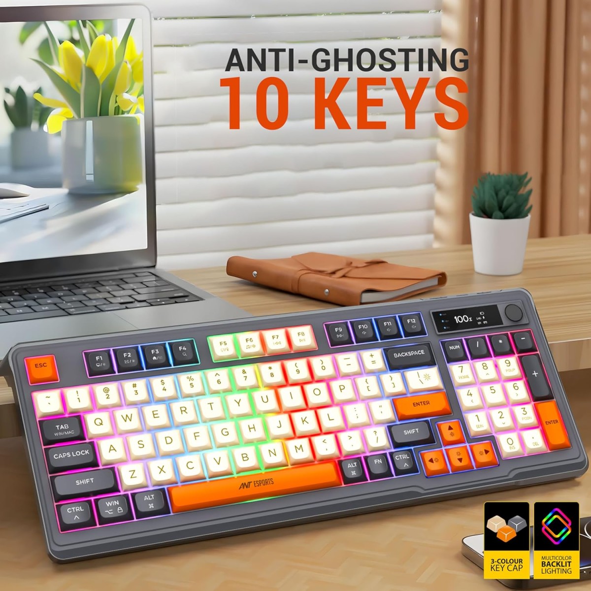 Ant Esports MK801 V2 Pro Wireless Mecha Membrane Backlit Gaming Keyboard 94 Keys 2.4G/Bluetooth Mode Compact Numeric Pad RGB Keyboard for Home Internet Cafe Game Room Office_ Grey, Beige, Orange Ant Esports MK801 V2 Pro Wireless Mecha Membrane Backlit Gaming Keyboard 94 Keys 2.4G/Bluetooth Mode Compact Numeric Pad RGB Keyboard for Home Internet Cafe Game Room Office_ Grey, Beige, Orange
