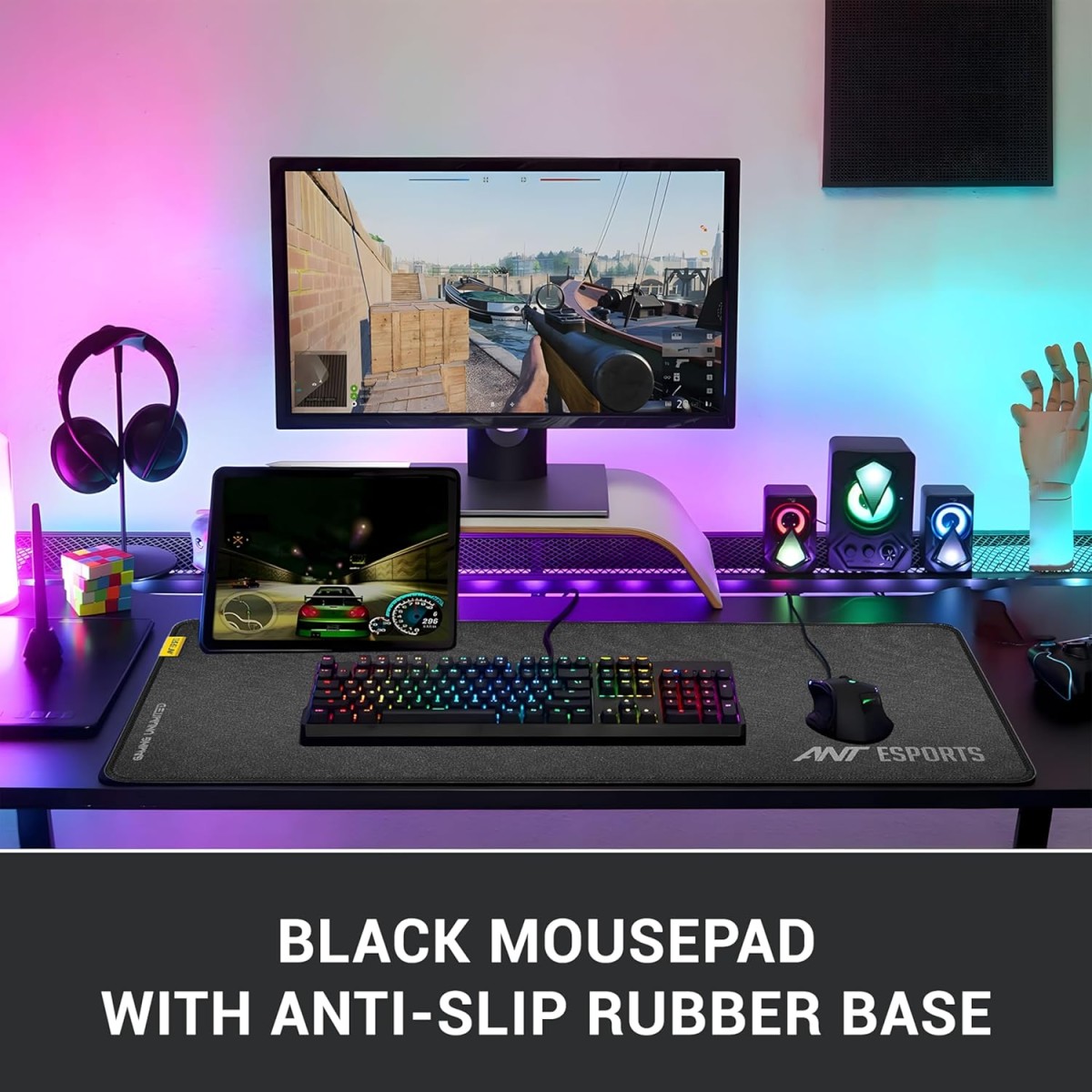 Ant Esports MP320S - Speed Gaming Mouse Pad-XL-Extended Large with Stitched Edges, Waterproof Non-Slip Base for Gaming & Office – Black