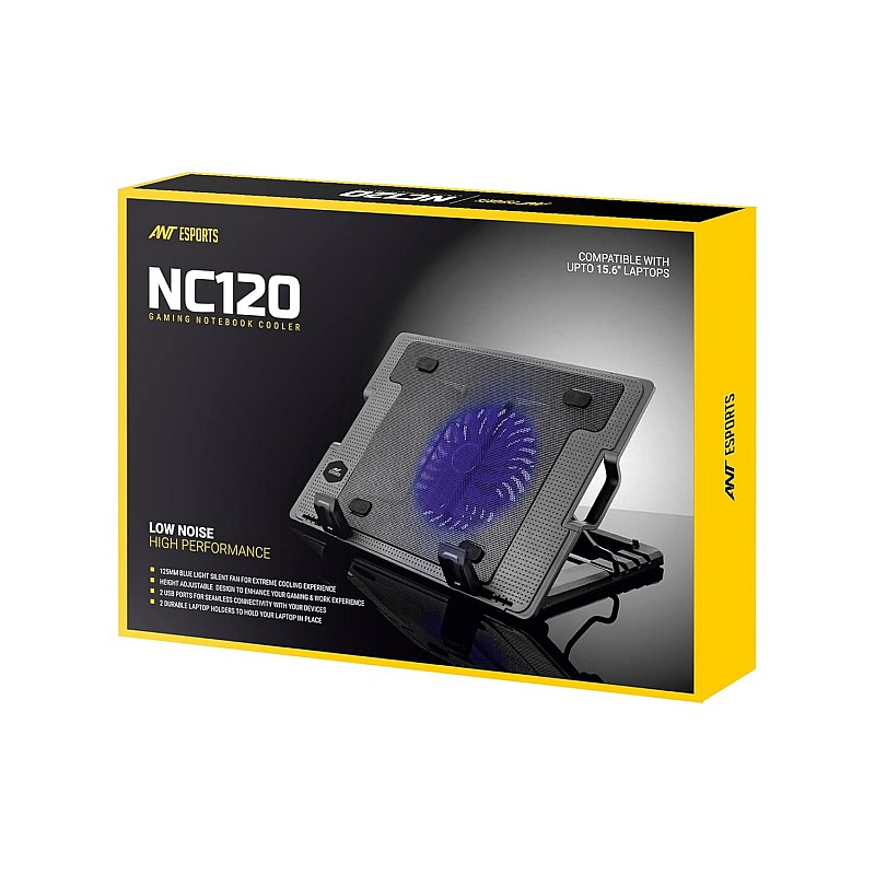 Ant Esports NC120 Gaming Notebook Cooler, 125MM blue light silent fan, upto 15.6inch Laptops, comes with 2USB ports for seamless connectivity - Black