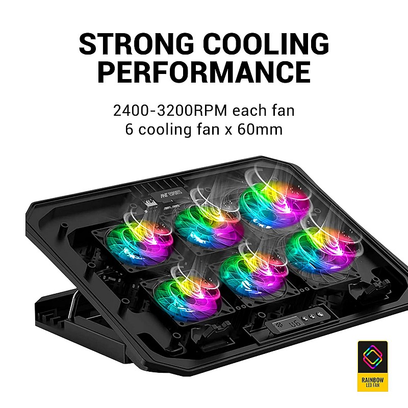 Ant Esports NC210 Gaming Notebook Cooler with 6 Cooling Fans for 10" - 15.6" Laptops, RGB Lights, 2 USB Ports