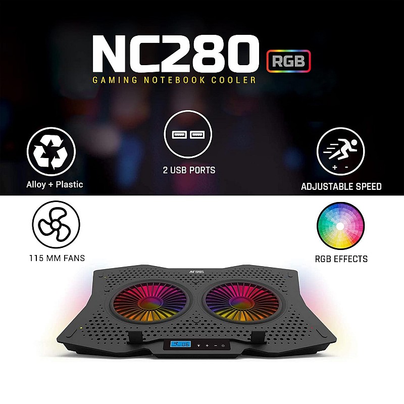 Ant Esports NC210 Gaming Notebook Cooler with 6 Cooling Fans for 10" - 15.6" Laptops, RGB Lights, 2 USB Ports